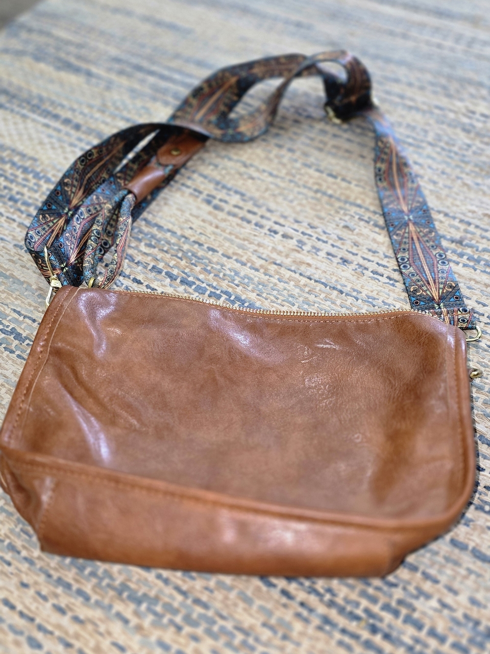 Leather Crossbody Bag with Patterned Strap - Brown
